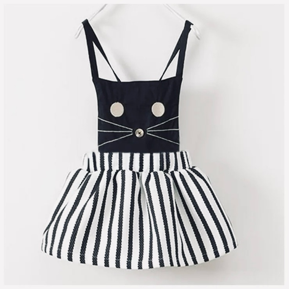 Black Cat-Strap Striped Skirt Kids Dress